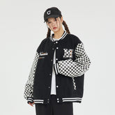 Unisex Jacket Checkerboard PU Leather Baseball Uniform Embroidered Baseball Jacket Jacket